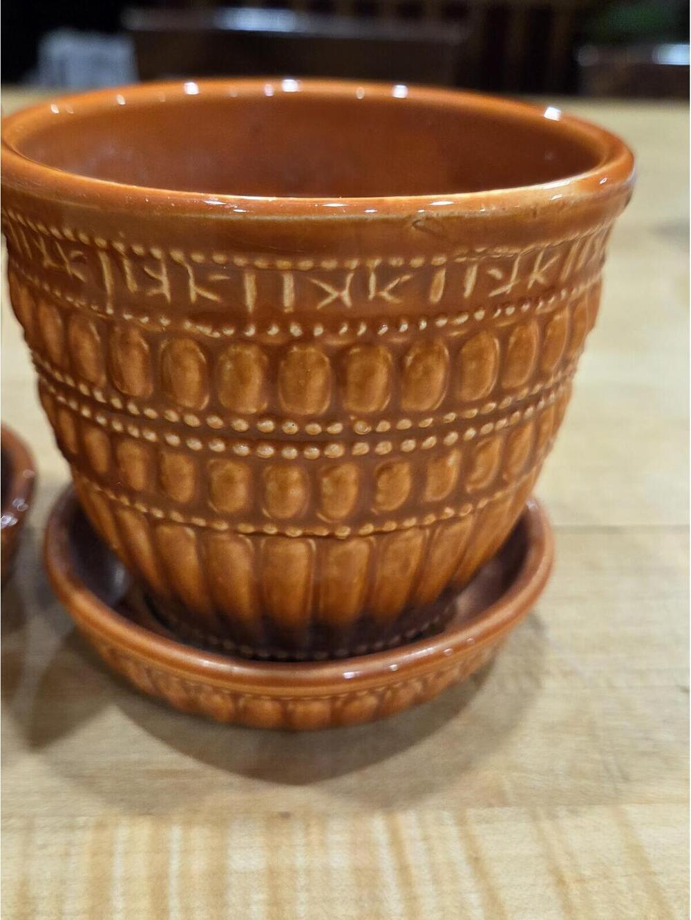 Vintage McCoy Pottery Burnt Orange Beaded Banded Planter Pot with Saucer